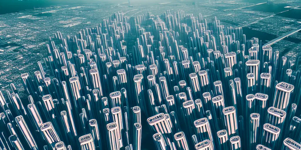 Image similar to areal view of mechanical futuristic utopian brutalist city