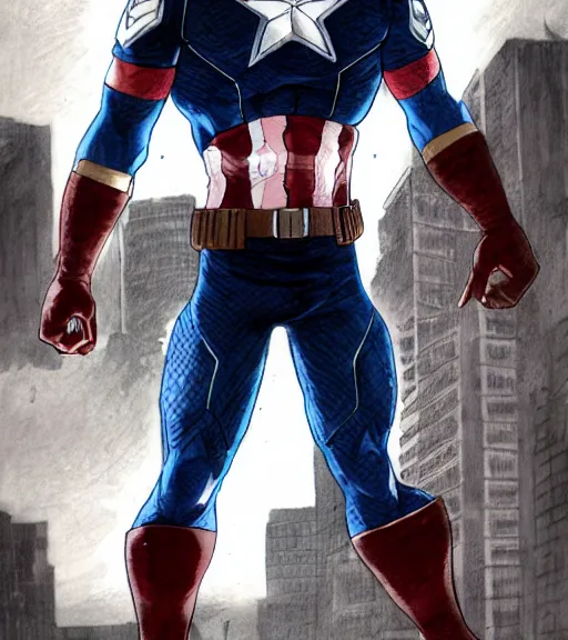 Prompt: full body portrait captain america by yusuke murata and masakazu katsura and zack snyder, artstation, highly - detailed, detailed!, cgsociety, pencil and ink, city in the background, symmetric body, dark colors, 2 arms and 2 legs