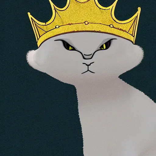 Image similar to a cartoon art of a white cat wearing a golden crown and black goggles