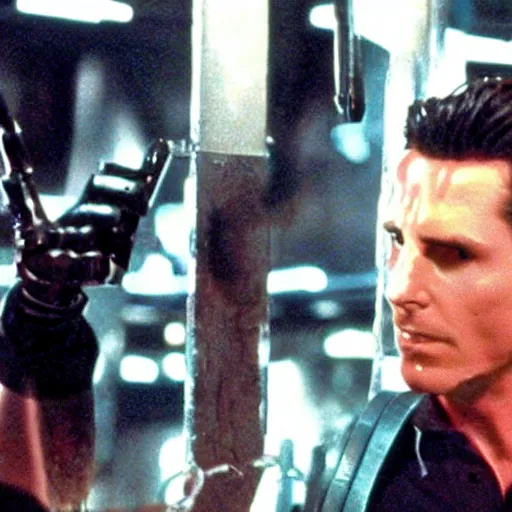 Prompt: film still of christian bale as t 1 0 0 0 passing through bars in terminator 2 1 9 9 1
