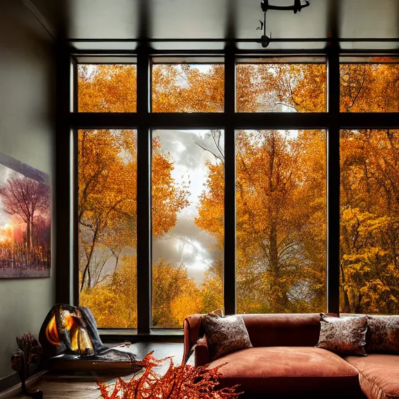 Image similar to fantastical living room with chicago landscape in the window by marc adamus, beautiful dramatic lighting, overgrown with funghi, autumn season, coat rack with coat hanging off, style by peter deligdisch, peterdraws