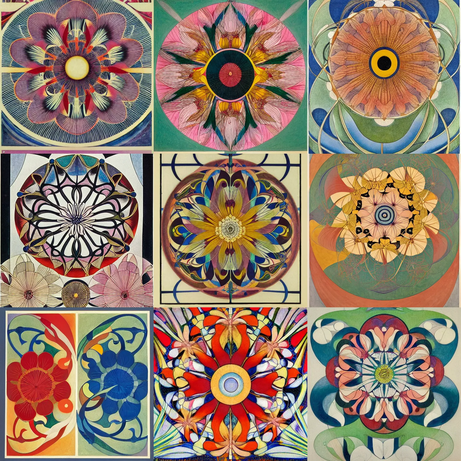 Prompt: flower ( ( art nouveau ) ) ( ( bauhaus ) ), ( generative ), intricate detail, sharp focus, colorful, by ( ( hilma af klint ) ) and escher and hokusai and ( botticelli ) and frank lloyd wright and ( ( james jean ) ) and ( hr geiger )