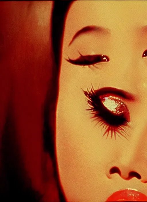 Image similar to a close up portrait film still of a bored stunning vietnamese actress from a year nineteen - seventy - two italian giallo film about finding a villain, global illumination, ultra ornate detail.