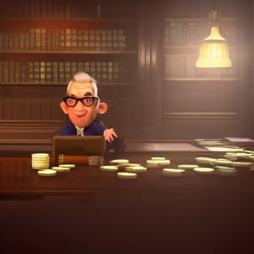 Image similar to portrait of bookmaker with money in hands sly cunning pixar style animation 3d extremely gloomy lighting, shining light and shadow, atmospheric, cinematic, unreal Engine, 8K