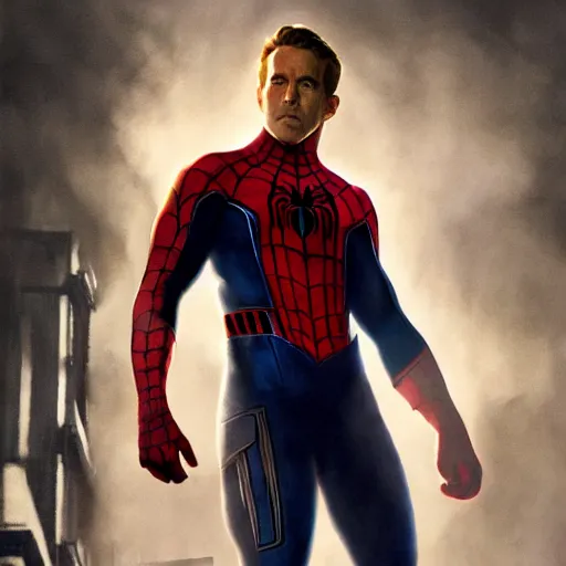 Image similar to ryan reynolds as spider - man, wearing a black and blue suit, cinematic, volumetric lighting, f 8 aperture, cinematic eastman 5 3 8 4 film, photorealistic by greg rutkowski, by stanley artgerm, by alphonse mucha