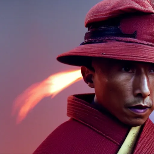 Image similar to cinematic film still Pharrell Williams starring as a Samurai holding fire, Japanese CGI, VFX, 2003, 40mm lens, shallow depth of field,film photography