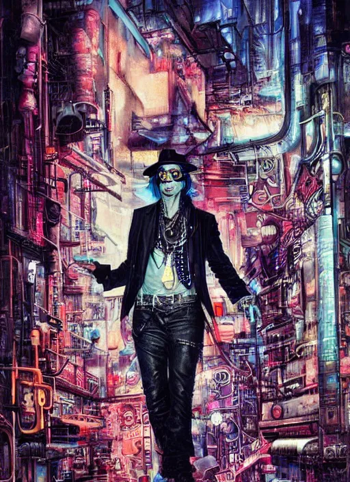 Image similar to johnny depp in a cyberpunk city by james jean, manuel sanjulian