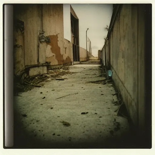 Image similar to polaroid of funny robot walking in abandoned soviet city