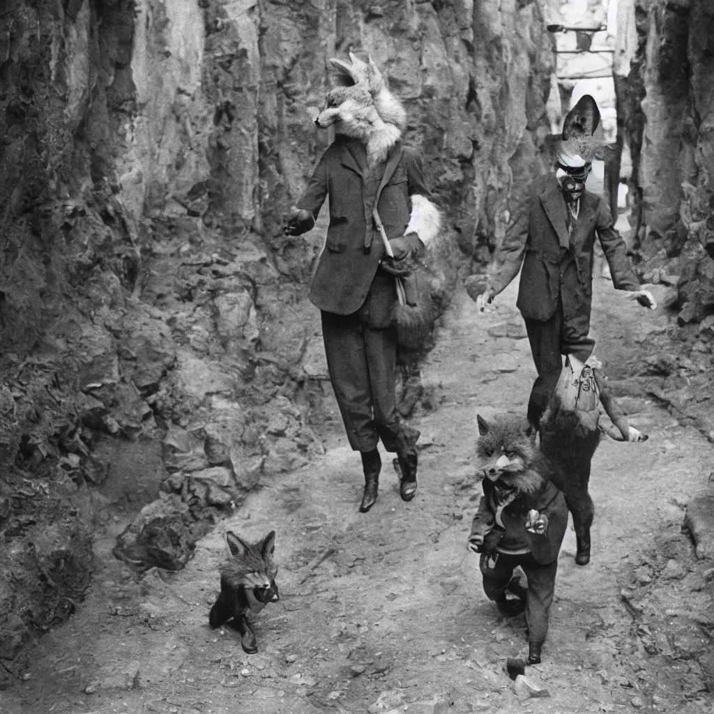 Image similar to anthropomorphic furry fox wearing suit explores underground city, 1 9 3 0 s film still