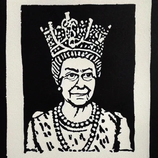 Prompt: queen elizabeth wearing balaclava and crown, lino print, whiskey bottle