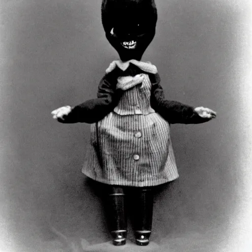 Prompt: ventriloquist doll smiling, ventriloquist dummy, photo, surrealistic, creepy, dark, epic, cinematic, style of atget, detailed