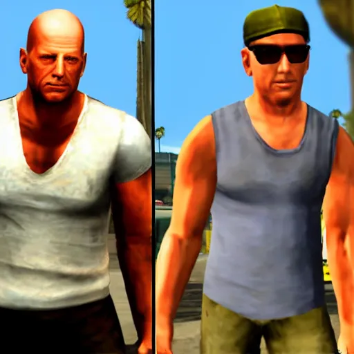 Image similar to bruce willis as a character in gta san Andres