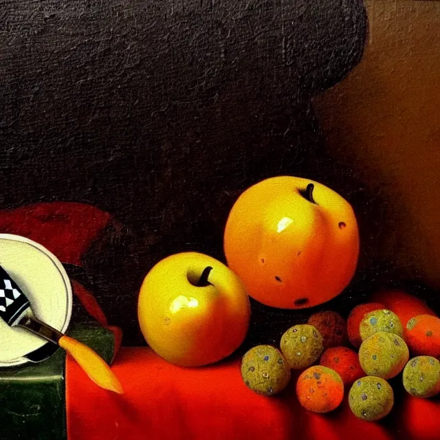 Image similar to a still life, extraordinarily badly painted