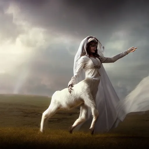 Prompt: white female dancing goat weared with white veils, matte painting, cinematic, epic composition, detailed, atmospheric, wide angle, artstation trending