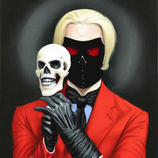 Prompt: Black suit, red tie and gloves, blond comb over and skull face mask, by Gerald Brom and Kim Kyoung Hwan