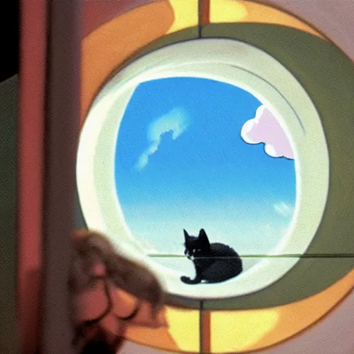 Image similar to a cat peeks out of a circular bubble window, studio ghibli