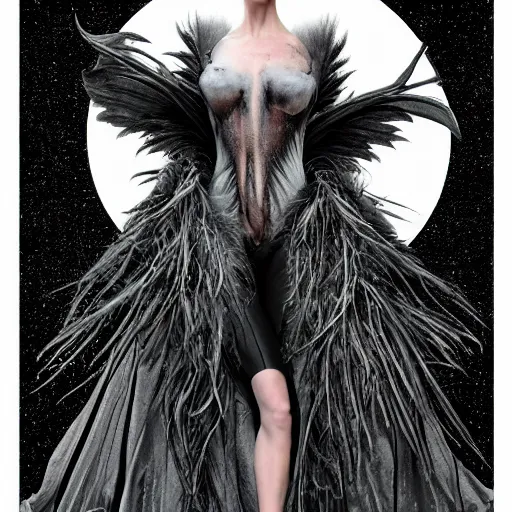 Image similar to jennifer connelly as alien odile the black swan, gray skin, wearing black hooded cloak, huge wings, black feathers instead of hair, black feathers growing out of skin, bumpy skin, screaming, losing control, black feathers growing out of face, black hands with black claws, comic book, giger, mike mignogna, david mack, trending on artstation