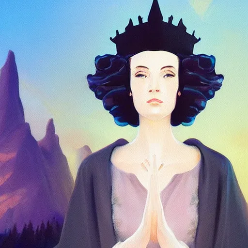 Image similar to a painting of a pale woman with black hair and a crown on her head standing in front of a statue, a screenshot by stanley twardowicz, cgsociety, aestheticism, aesthetic, vaporwave, anime aesthetic,