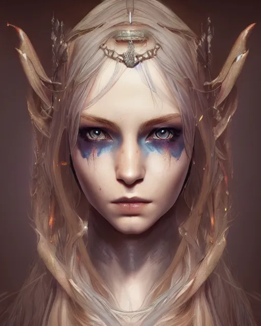 Image similar to portrait of a beautiful female elf with shimmering hair, symmetrical face and eyes, cgsociety, Elden Ring, Dark Souls, Bloodborne