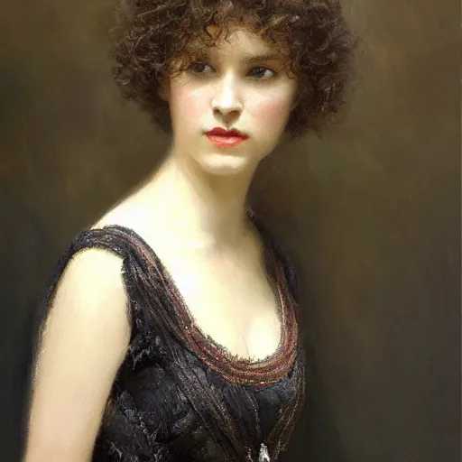 Image similar to a oil painting of a fair skin with dark curly stylised hair queen wearing dress, by frederick william elwell, highly detailed, realistic, concept art, jewels, oriental, desaturated