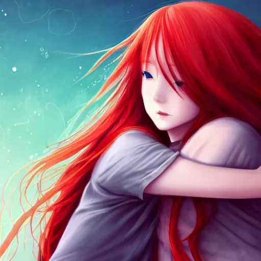 Image similar to infp anime girl with red hair, gratefully hugging the ai, atmospheric, hyper detailed digital art