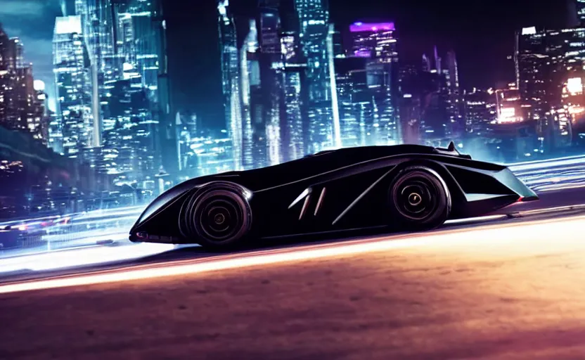 Image similar to A film still of the 2025 Batmobile prototype driving through Gotham at night, 8k