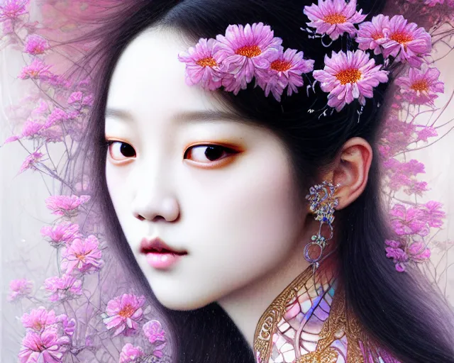 Prompt: jisoo from blackpink, portrait, rococo and art nouveau fusion, iridescent diaphanous refractive and reflective flower bouquet, tarot card, hyperrealistic, highly detailed, deep focus, intricate, elegant, digital painting, smooth, sharp focus, illustration, ultra realistic, 8 k, art by karol bak and agnes cecile