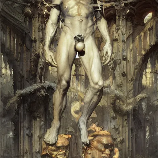 Image similar to Roguish Picaro Dsurion stands at the gates of Hades Hand Crafted By Rodin. Painting by greg rutkowski Donato Giancola Jeff Simpson norman rockwell stamp watercolor