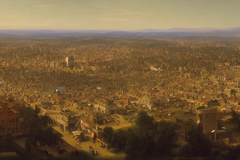 Prompt: birds eye view of a small but busy downtown midwestern town, 1 8 0 0 s, rule of thirds, matte painting, highly detailed, cinematic lighting, by albert bierstadt, frederic edwin church