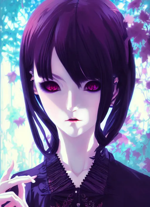 Image similar to portrait of beautiful gothic anime girl, cute face, anime, intricate, highly detailed, digital painting, official media, anime key visual, concept art, rich vivid colors, ambient lighting, sharp focus, illustration, art by wlop and ilya kuvshinov and makoto shinkai and range murata