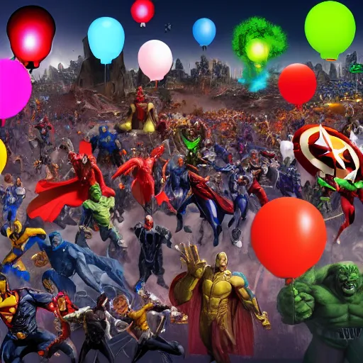 Image similar to a large-scale battle of Marvel superheroes against DC villains, hundreds of glowing balloons, cinematic light, matte painting, epic, cinematic, matte painting, trending on artstation by Craig