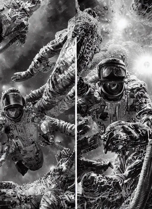 Image similar to infrared astronauts in dark void underwater - complex and hyperdetailed technical suit. reflection and dispersion materials. rays and dispersion of light. glowing light. volumetric light. f / 3 2. noise film photo. flash photography. ultra realistic, wide angle. poster by wayne barlowe, hajime sorayama aaron horkey, craig mullins. high contrast