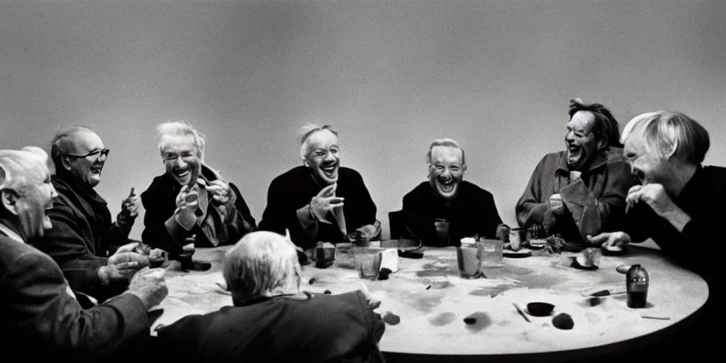 Image similar to film still of old men laughing!!!! sitting at a round table on fire!!!!!!!!!!!!!!!!!!!!!!!!!!!!!!!! and finger painting, directed by david lynch, backlighting