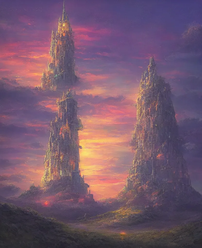 Image similar to “ a landscape painting in the style of noriyoshi ohrai of a holy tower, it is a glowing fortress and has iridescent mana radiating from it into the aether. it is centered. the background is the sky at dawn. retrofuturistic fantasy ”