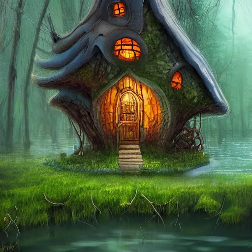 Image similar to mushroom house in a swamp, mystical, digital art, extremely detailed, oil painting, epic atmosphere, sense of scale, disney animation