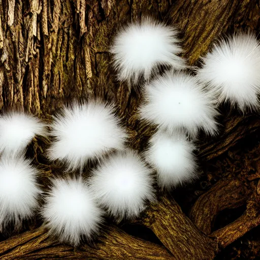 Prompt: bioluminescent white furry fungus growing on a dead tree, photorealistic, fungal, magic,