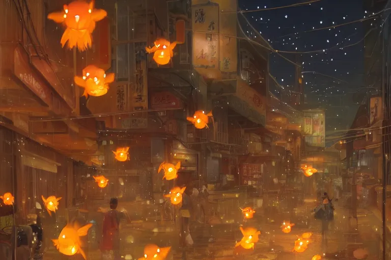 Image similar to fantasy art of glowing goldfish swimming in the air, in the streets of a japanese town at night, with people watching in wonder, by makoto shinkai, highly detailed digital art, trending on artstation