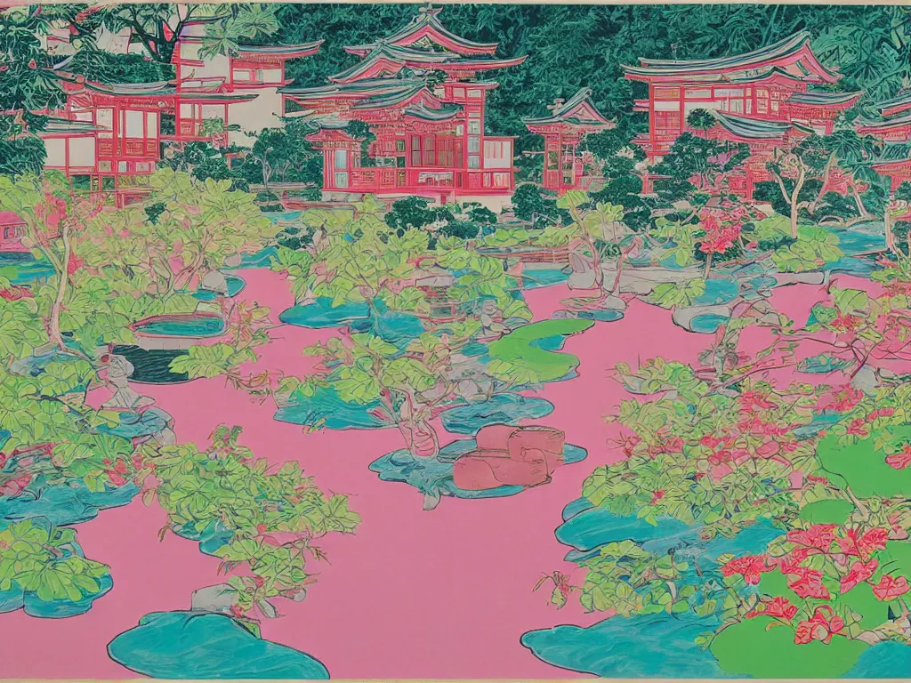 Image similar to image of a traditional japanese house with a garden, a pond in the garden, pink children are sitting around it, a combination of pop art and traditional japanese painting styles, the style of andy warhol, roy lichtenstein and jackie tsai, bright palette, acrylic on canvas