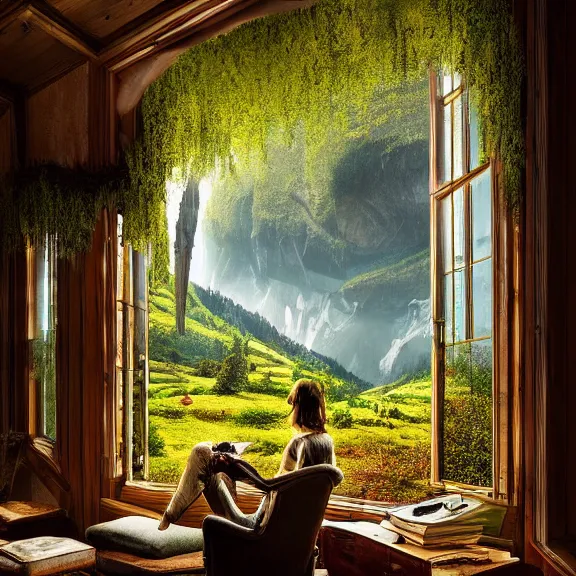 Image similar to fantastical living room with switzerland landscape in the window by marc adamus, beautiful dramatic lighting, overgrown with funghi, style by peter deligdisch, peterdraws