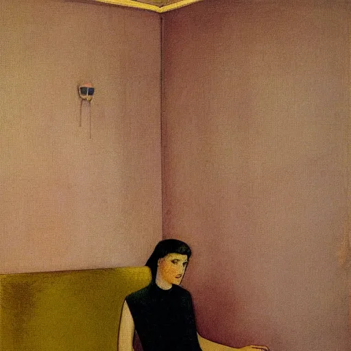 Image similar to a lonely girl in a liminal hotel room, baroque wallpaper, film still by david lynch, depicted by balthus, limited color palette, very intricate, art nouveau, highly detailed, lights by hopper, soft pastel colors, minimalist