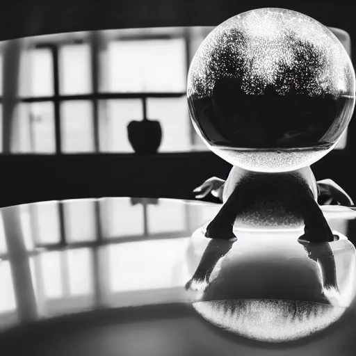 Prompt: Monochrome photo of a big frog with many eyes sitting on a backlit glass sphere