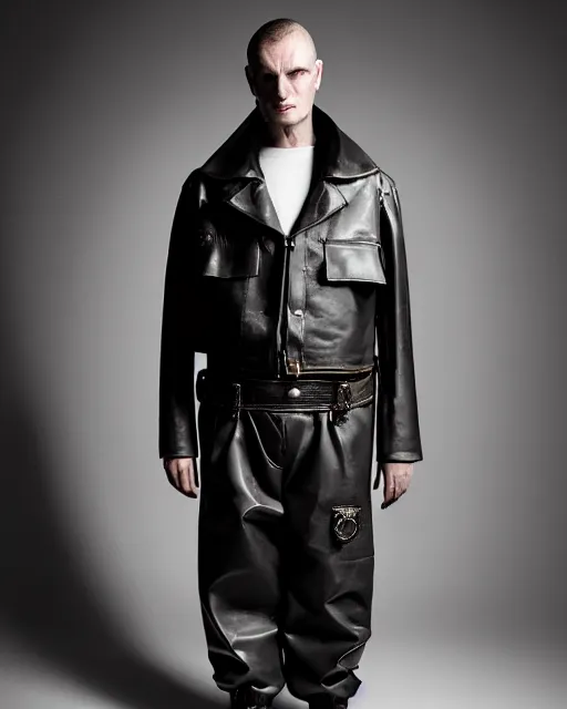 Prompt: an award - winning editorial photo of an irradecent extremely baggy but cropped ancient medieval designer menswear leather police jacket with an oversized large collar and baggy bootcut trousers designed by alexander mcqueen, 4 k, studio lighting, wide angle lens