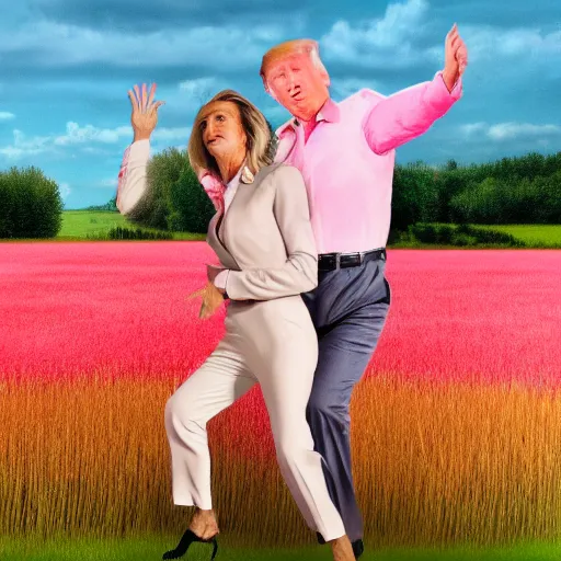 Prompt: trump dancing with putin in a field of pink grass, hyper realistic, lifelike, matte painting