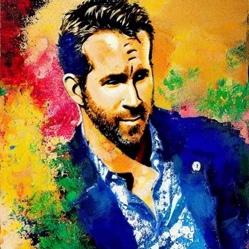 Image similar to ryan reynolds by leroy neiman, intricate, ultra detailed painting, atmospheric lighting, golden hour