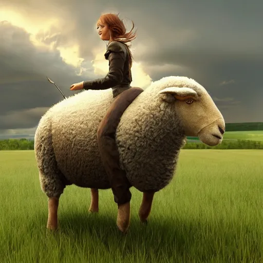 Image similar to girl riding a giant sheep in a field, trending on artstation