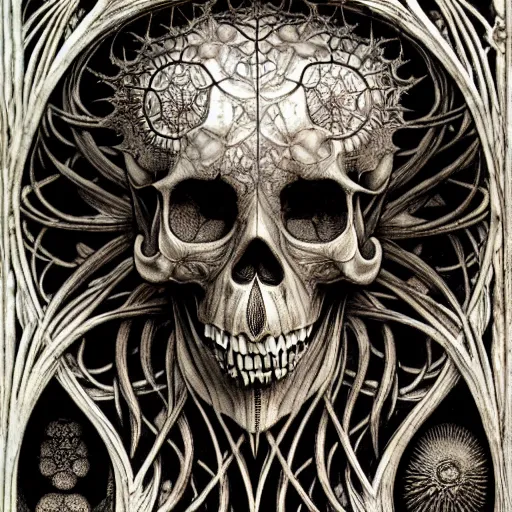 Image similar to memento mori by arthur rackham, art forms of nature by ernst haeckel, photorealistic, hyperdetailed, octane render, art nouveau, gothic, ornately carved beautiful skull mask dominant, intricately carved ornamental antique bone, art nouveau botanicals, art forms of nature by ernst haeckel, horizontal symmetry, symbolist, visionary