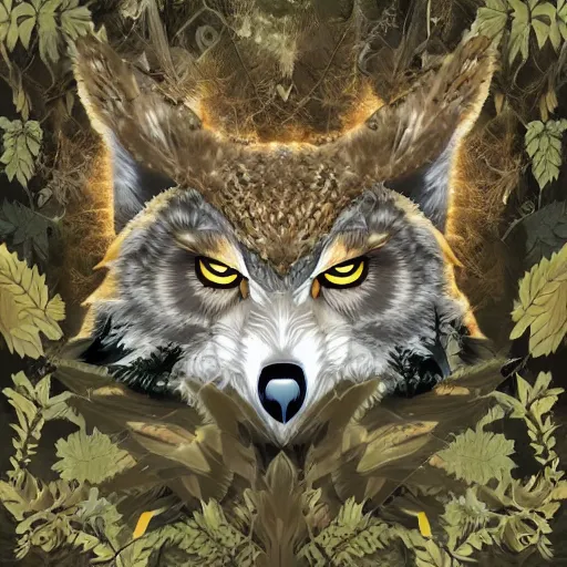 Image similar to mixture between an! owl and wolf, captured in a forest