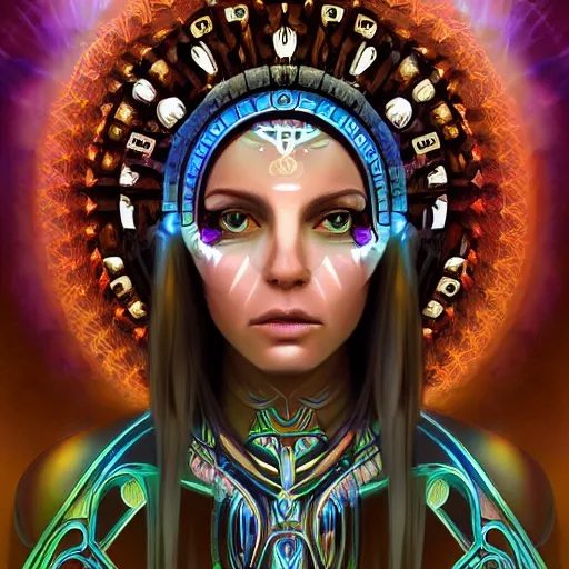 Image similar to portrait of a beautiful goddess hot future metaverse Ayahuasca tech shaman warrior, 2D cartoon, visionary art, symmetric, Magick symbols, holy halo, shipibo patterns, sci-fi, concept art, trending on art station, 8k digital art, by Mandy Jurgens, fantasy portrait art, anime, 8k resolution