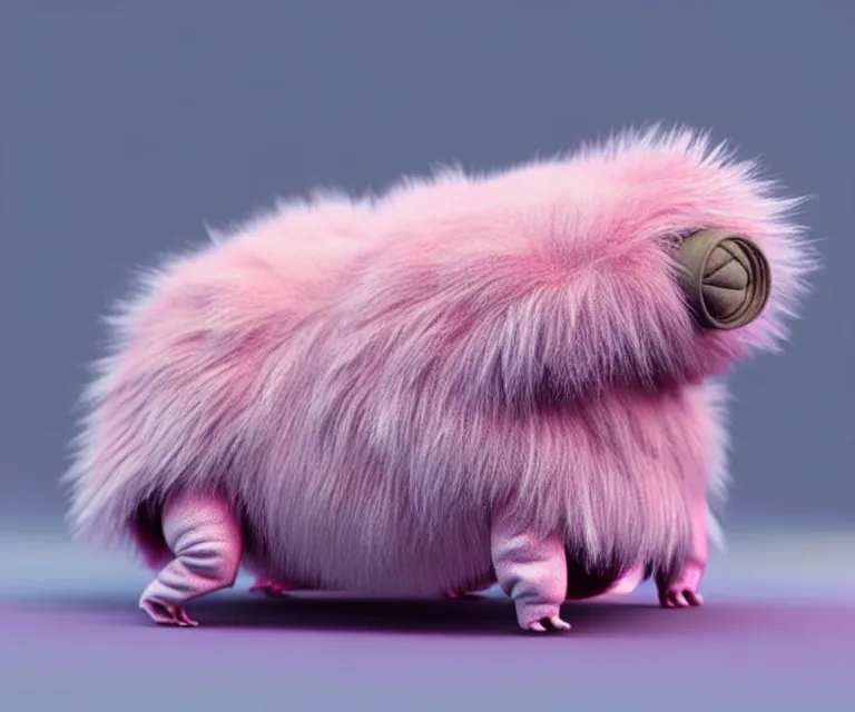 Prompt: high quality 3 d render hyperrealist very cute small tardiradiant, plush mascot, short spiky dense fluffy smooth hair, photo from the side, pink fluffy fur, 1 5 0 mm, beautiful natural soft light, rim light, vray, smooth background, artstation, ultra detailed