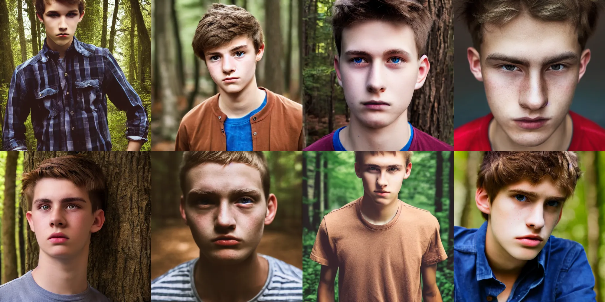 Prompt: portrait, male teenager, shadow eyes, brown hair, thin eyebrows, red shirt, blue jeans, walking in forest, detailed face, realistic photo.